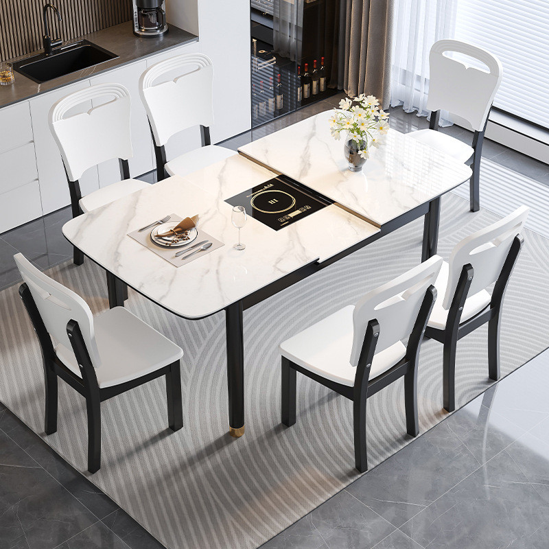 可伸缩岩板餐桌椅现代简约饭桌折叠大小户型多功能长方形电磁炉桌