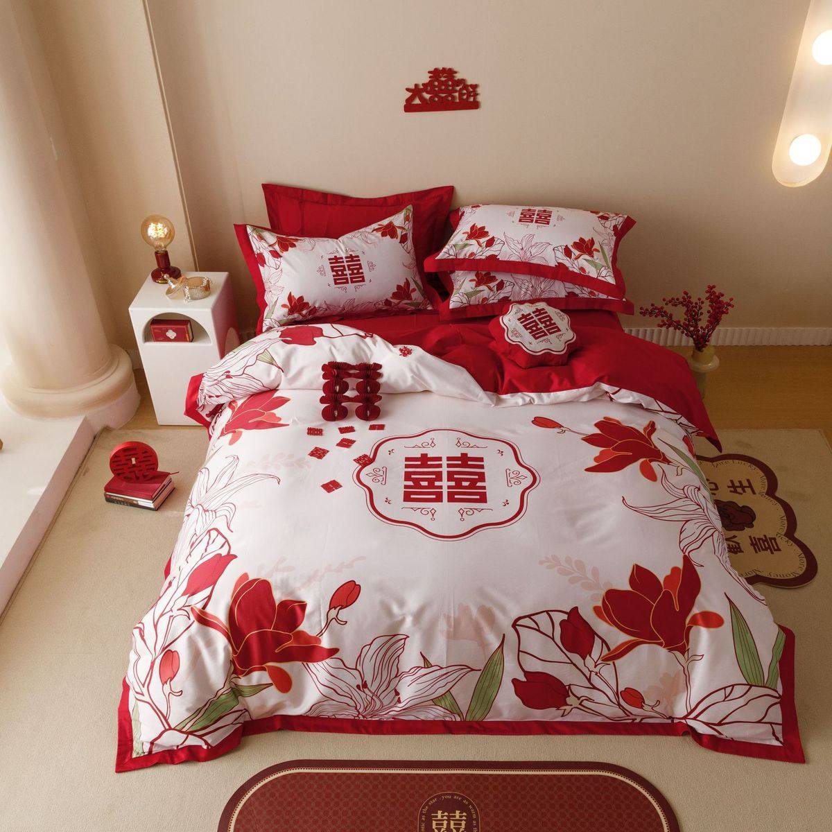中国风大红色纯棉被套全棉结婚四件套1.8米2米床单双人床上用品,床上用品,婚庆床品套件,淘宝优惠券,粉丝福利购,淘宝优惠卷