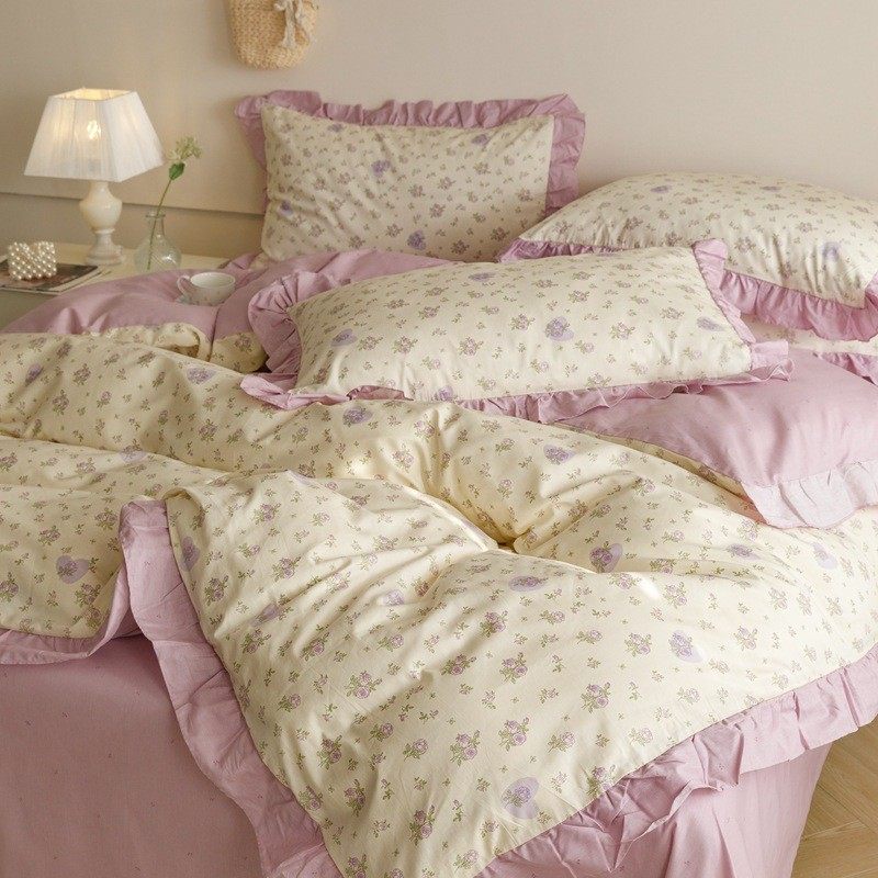 厂家批发ins荷叶边复古碎花棉四件套少女心公主风韩式棉4件套