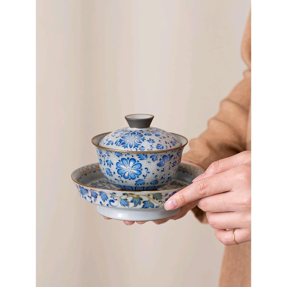 汝窑缠枝莲三才盖碗仿古青花大号泡茶碗防烫单个家用高档茶具
