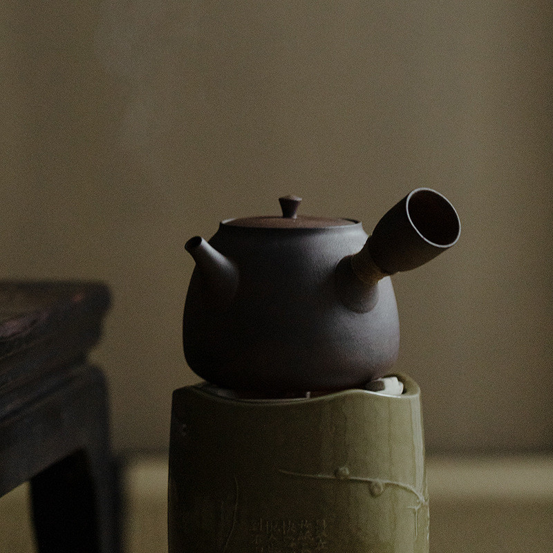 围炉老岩泥煮茶壶带过滤日式风复古粗陶侧把壶家用炭陶炉烤茶烧水