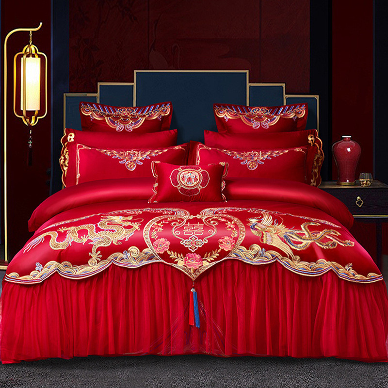5zw批发100s长绒棉全棉婚庆四件套大红结婚龙凤刺绣喜被婚礼新婚
