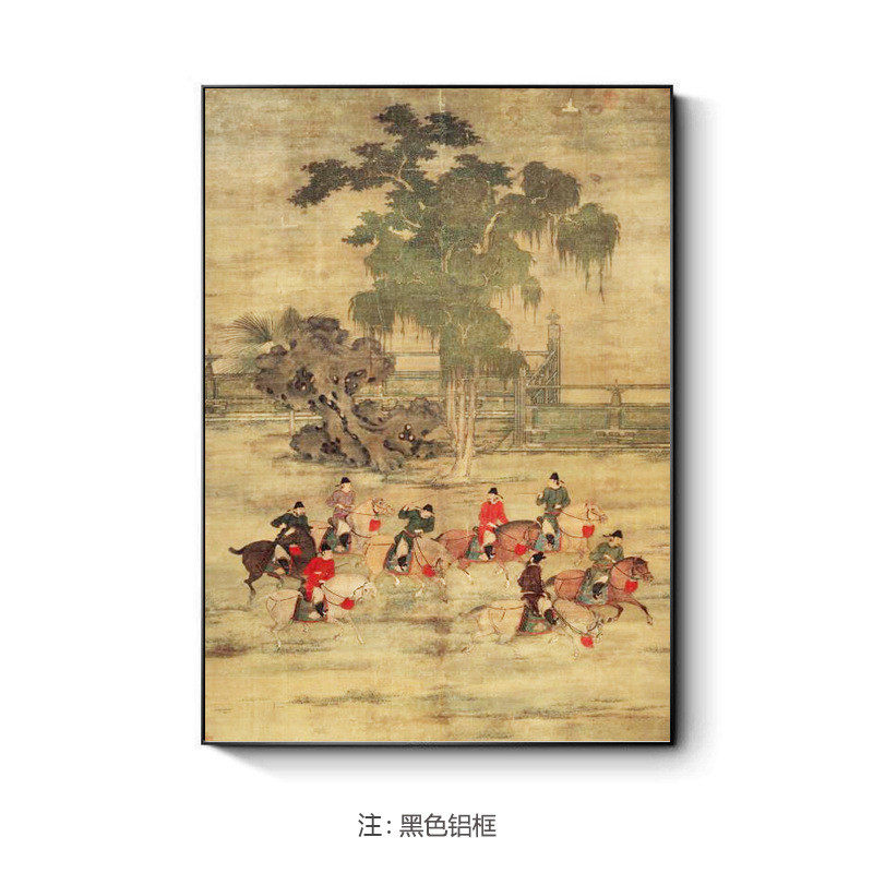 八达新中式古代人物骑马画游春图书房装饰画酒店走廊竖版挂画仿古