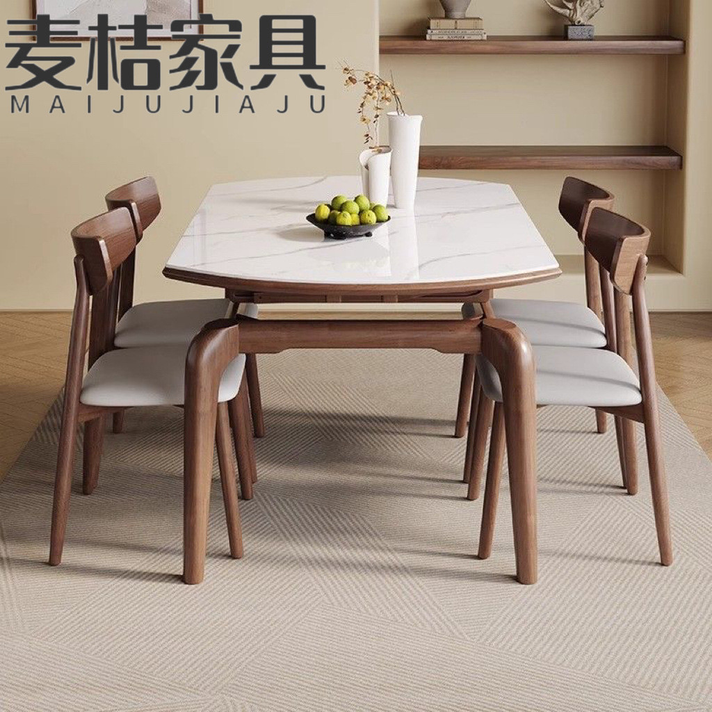 热销实木岩板餐桌轻奢靠墙家用小户型伸缩饭桌桌子方圆两用圆餐桌