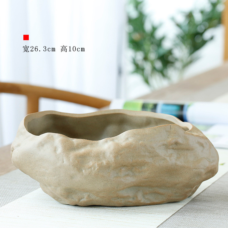 大号仿石头陶瓷花盆中式粗陶水培碗莲睡莲铜钱草花盆粗陶家用批发