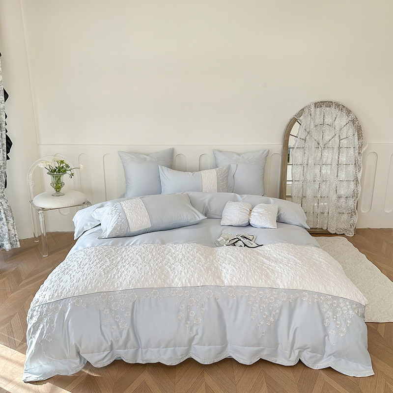 alj6简约风100s床上花卉刺绣浮雕提花双人1.8米长绒棉四件套