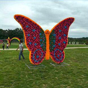 热销国庆房地产绢花仿真蝴蝶绿雕造型园艺花卉雕塑商场中庭美陈装