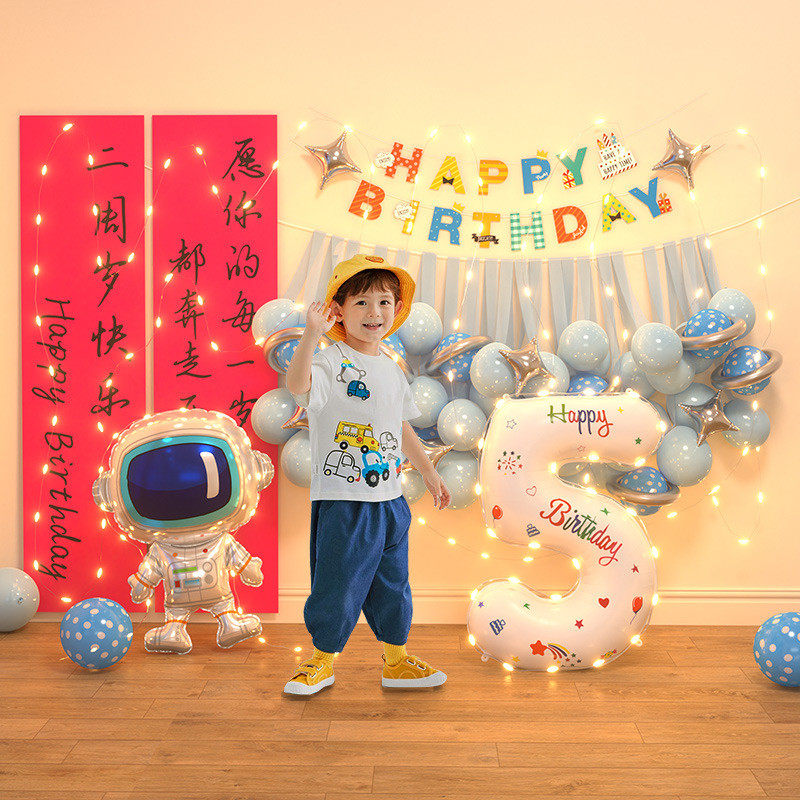 两生日快乐场景布置装饰儿童2周岁男孩3岁4四岁发光灯串数字气球