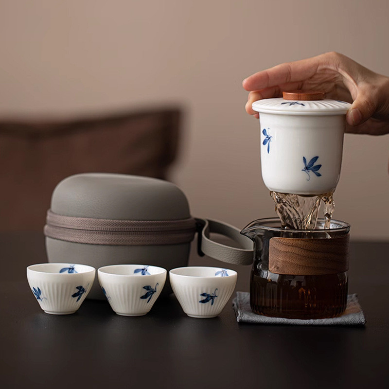 白瓷手绘三杯便携式旅行茶具东篱快客杯户外陶瓷一壶兰花玻璃茶具
