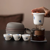白瓷手绘兰花便携式 旅行茶具东篱快客杯户外陶瓷一壶三杯玻璃茶具