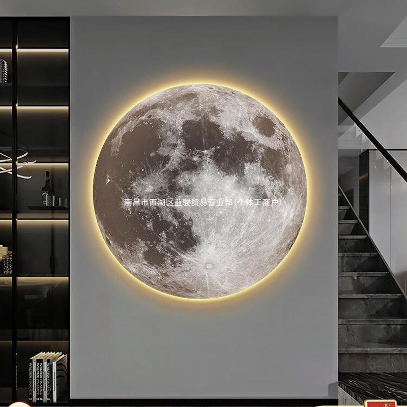 现代简约月球星球挂画玄关高级感装饰画客厅走廊发光灯画圆形壁画图片