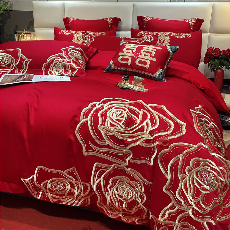 新中式红色婚庆四件套结婚婚嫁床上用品刺绣床单简约轻奢床上