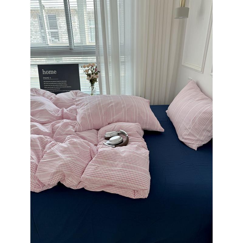 xei3ins简约粉色格子少女心水洗棉四件套三肤床单宿舍公寓被套亲