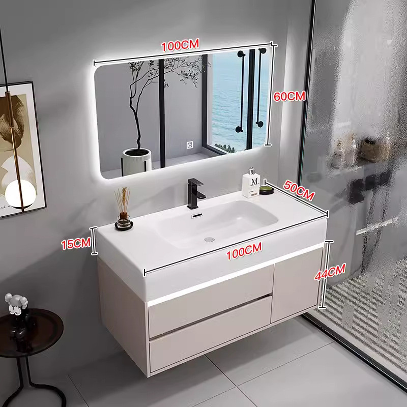 轻奢奶油风浴室柜绮美石肤卫生间洗漱台一体盆感盆实木浴室柜组合