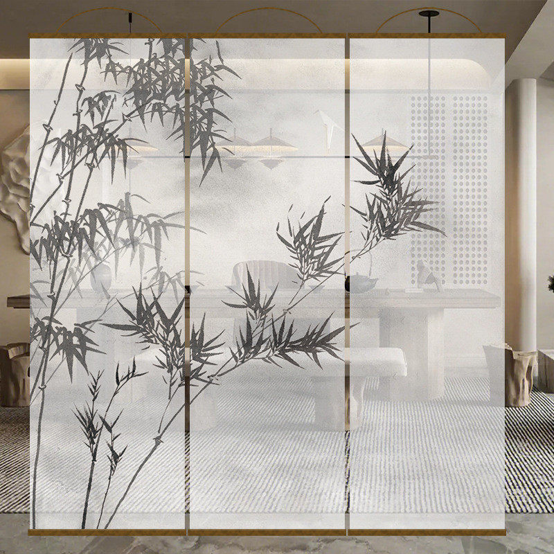 纱帘新中式水墨竹画双面透景屏风纱卷帘隔断帘挂帘窗帘玄关透光纱