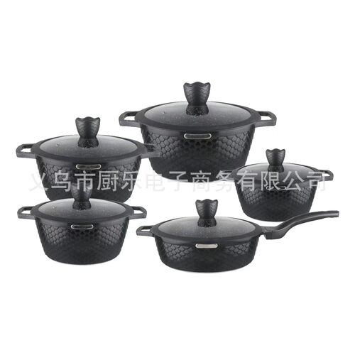 热销网纹10件套不粘锅压铸套锅铝锅麦饭石大理石锅套装