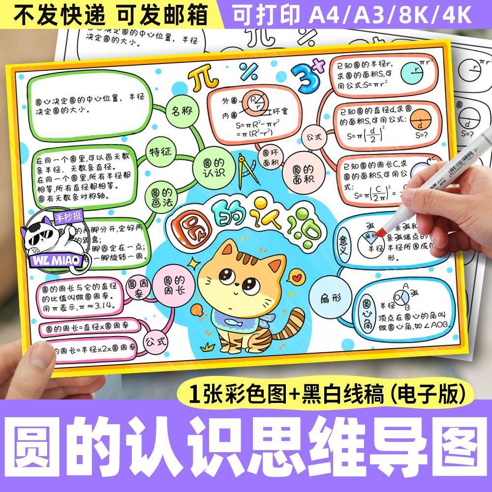 手抄报电子版小学数学六年级上册五单元圆的认识思维导图电子模板