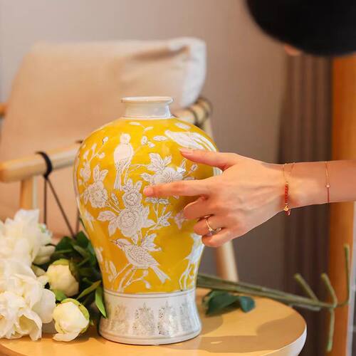 新中式花鸟青花瓷花瓶陶瓷彩绘插花客厅复古餐桌玄关样板房摆件