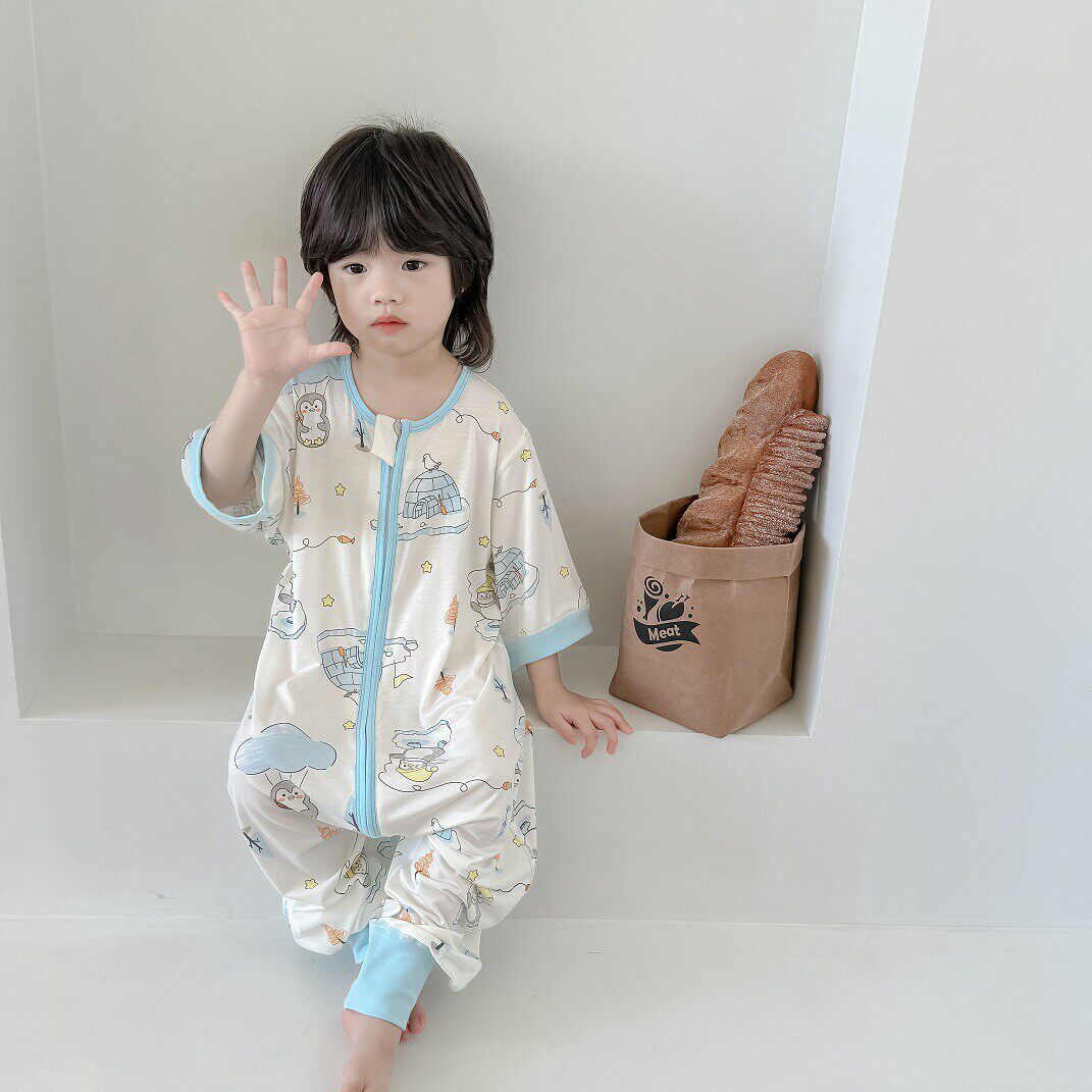 夏季冰感婴幼儿七分袖分腿睡袋天丝儿童短袖抑菌纯棉宝宝睡衣A类