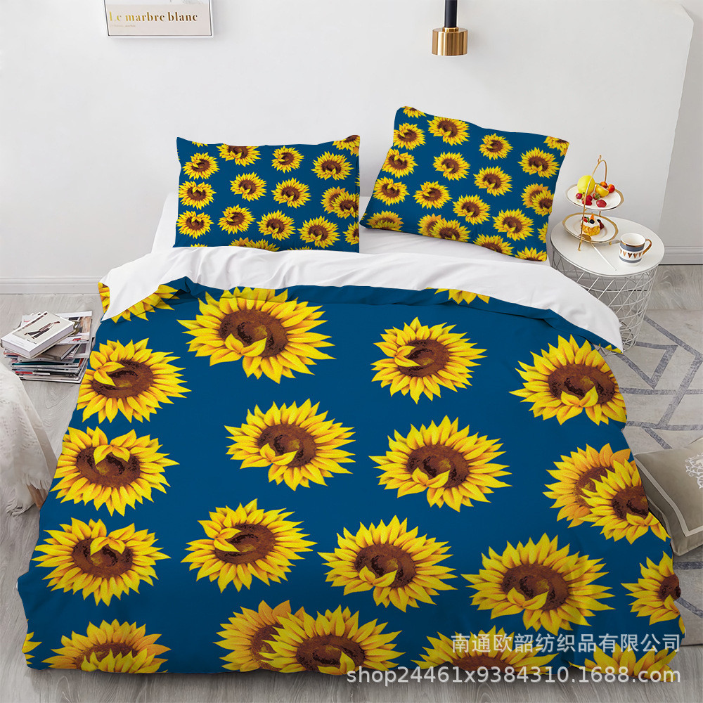 外贸3d三件套向日葵被套枕套数码印花床上用品四件套