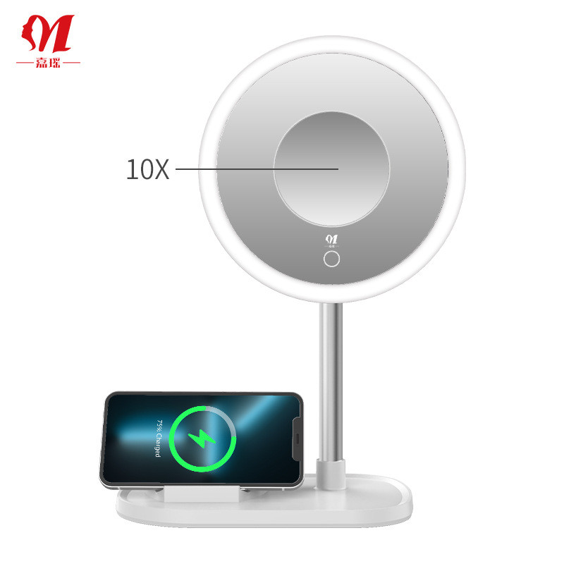 新款智能化妆镜带灯手机无线充台式梳妆镜led灯光桌面带10x小镜子