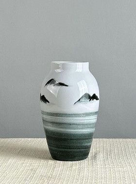 新中式陶瓷手绘花瓶摆件三件套景德镇客厅插花水培花器装饰工艺品