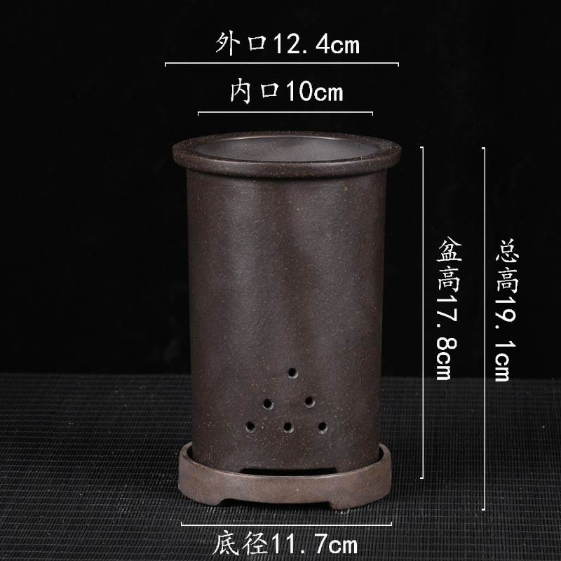 宜兴紫砂花盆签筒古红泥花卉兰花盆带底座多肉菖蒲盆园艺中号批发
