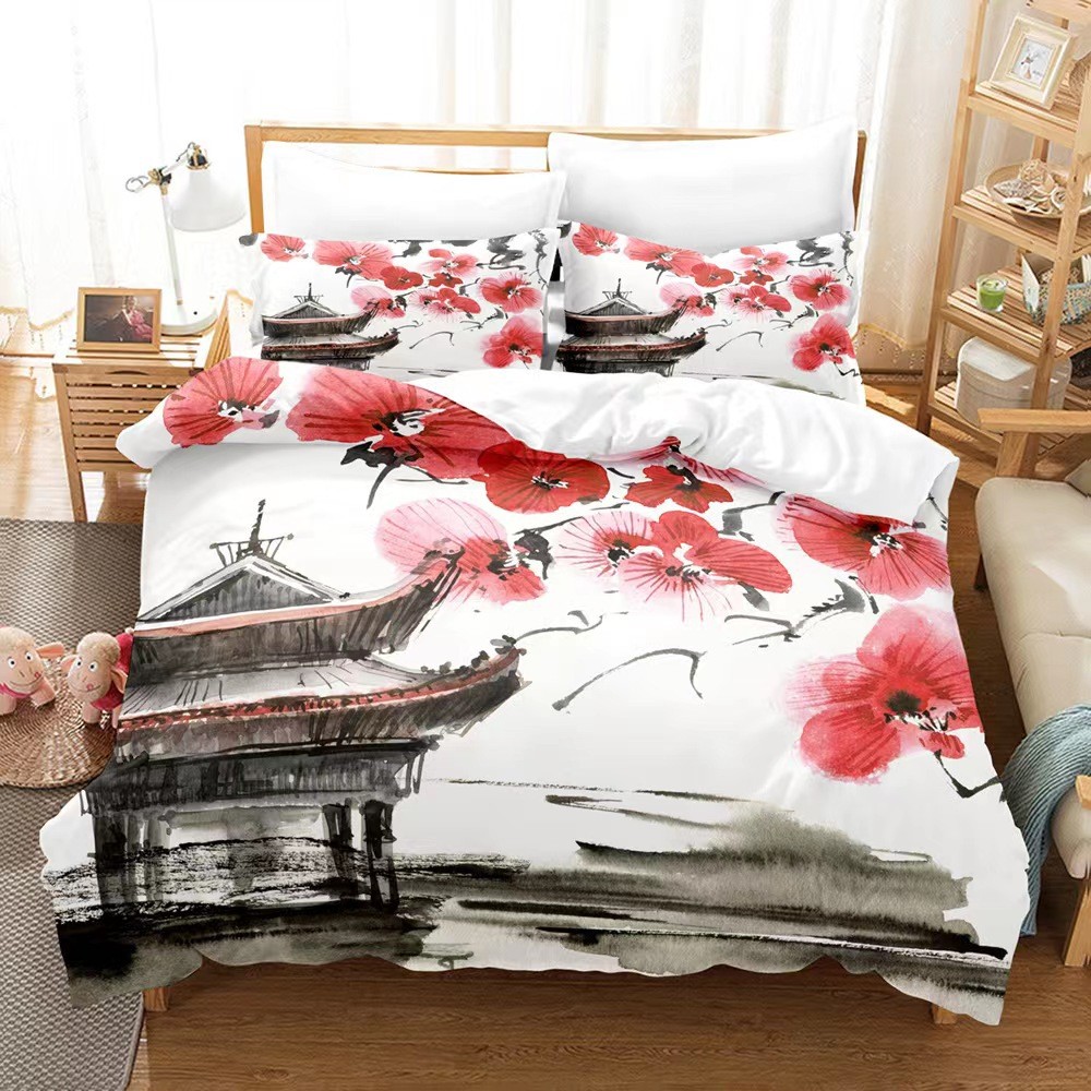 3d数码印花三件套春天被套系列梅花花卉床上用品四件套