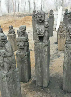 仿古石雕四神兽狮子十二生肖拴马桩胡人戏狮头拴马桩青石做旧雕刻