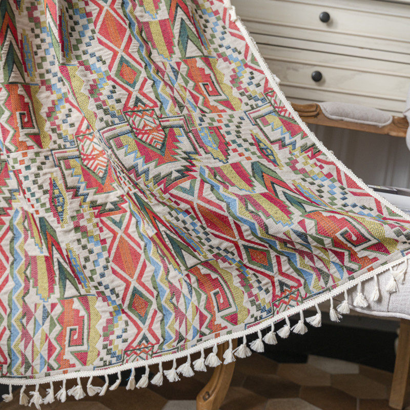 乐提花秀轩窗帘成品批发民宿涤纶美式复古玫瑰花流苏卧室飘窗帘