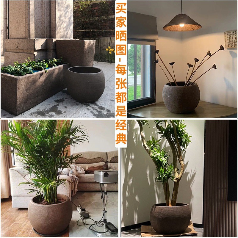 热销鱼缸烧户外庭院特大黑陶紫砂鱼摆件阳台粗陶花盆养陶瓷陶罐口