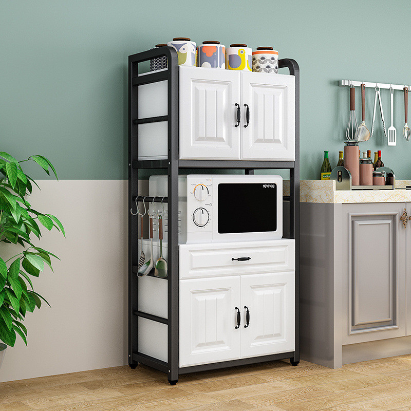 热销厨房置物架落地多层带柜门收纳架微波炉烤箱锅具橱柜储物柜柜