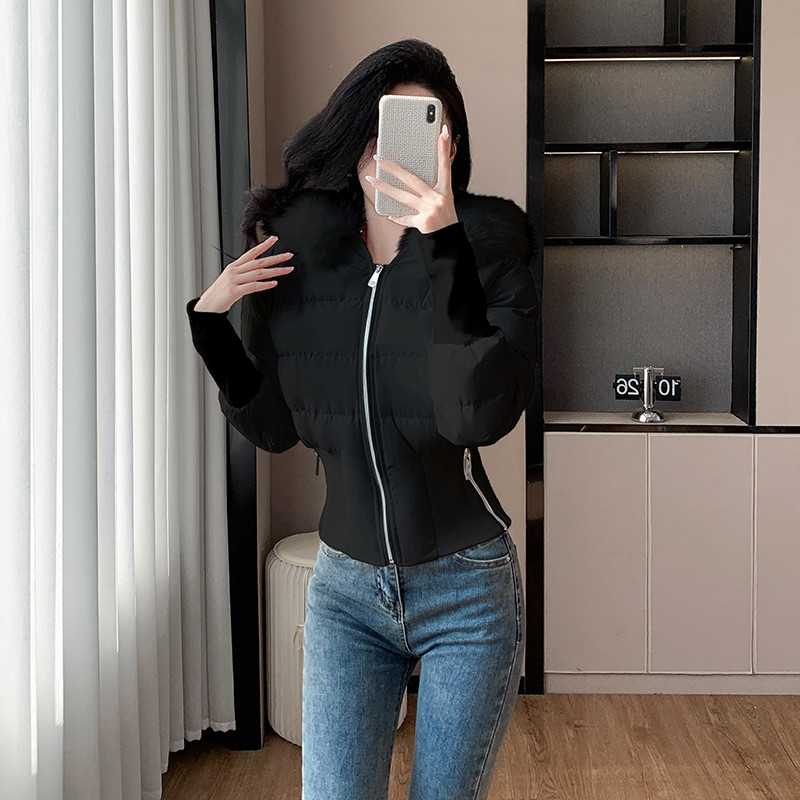 白色大毛领短款棉服女新款设计感时尚小个子小蛮腰修身连帽新款