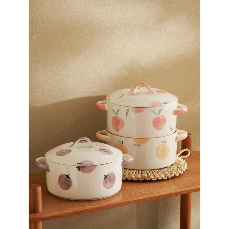 zb6m批发双耳汤碗家用大号汤盆陶瓷碗带盖泡面盛汤把手大碗大容量