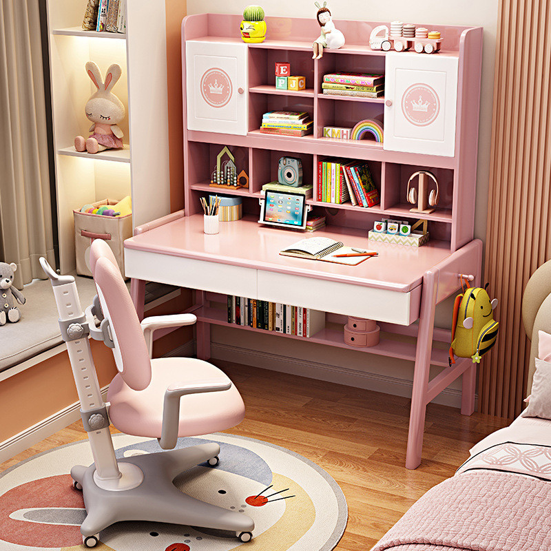 热销实木书桌书柜书架一体可升降儿童学习桌椅套装多功能学生写字