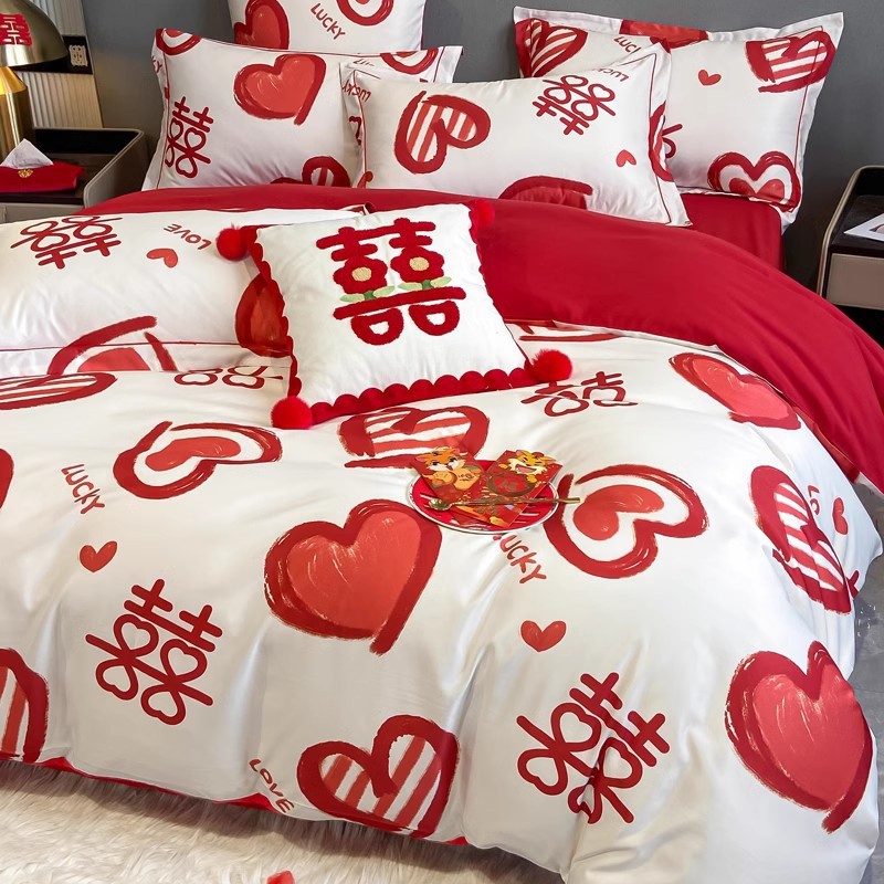 新婚嫁水洗棉床上四件套结婚床品婚庆喜被套婚礼红色床单被罩床笠