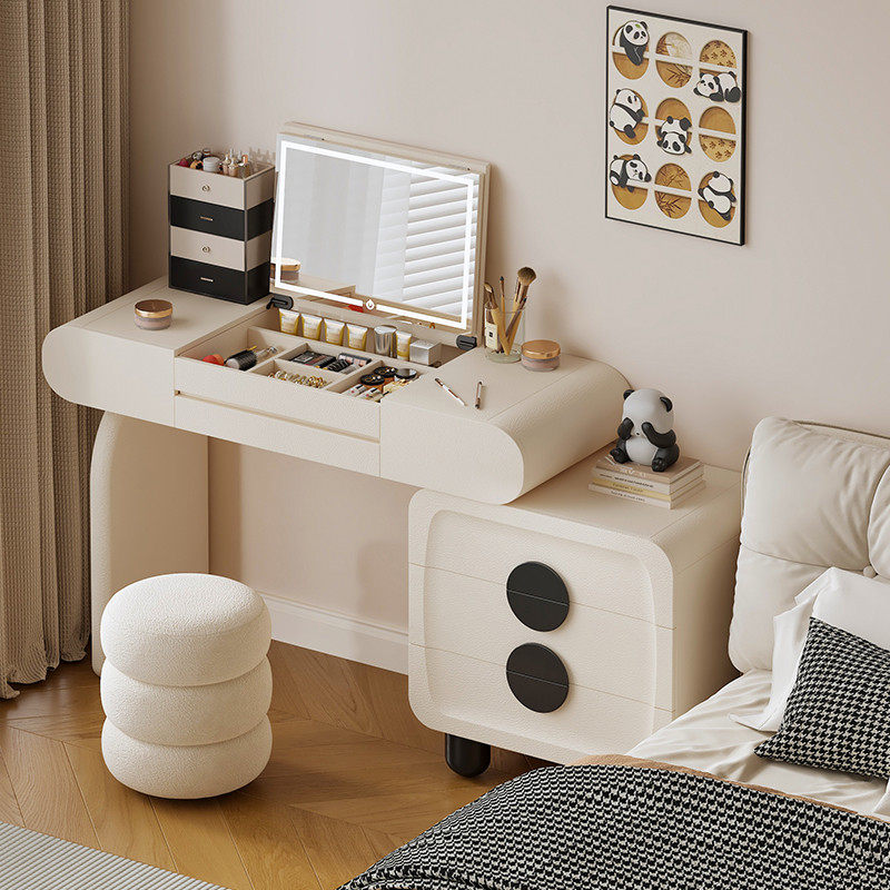 奶油风床头柜化妆台一体小型40cm可爱三斗柜梳妆台翻盖镜子可折叠