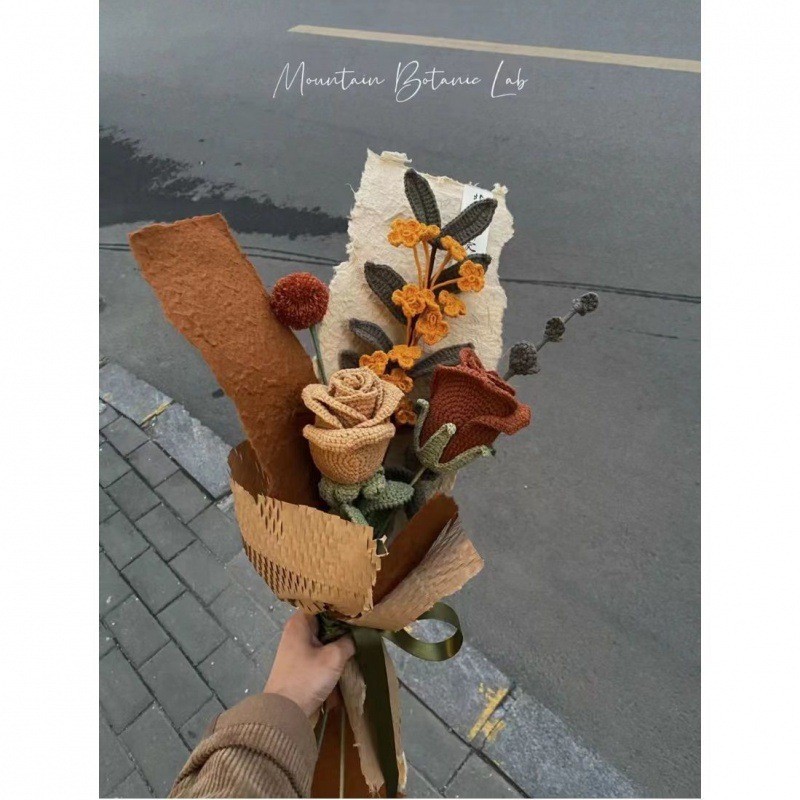 毛线花成品编织diy酒杯玫瑰百合花束复古毛线钩织成品送女友闺蜜