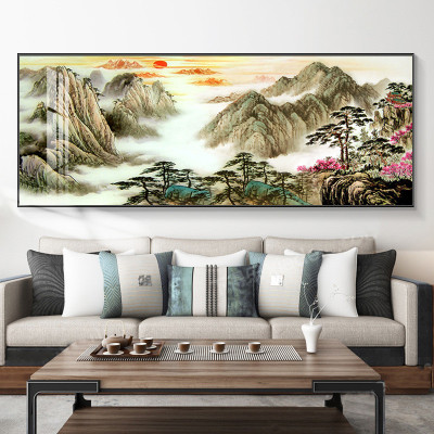 迎客松挂画泰山日出靠山图办公室山水画客厅背景墙五岳独尊装饰画