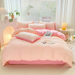 四件套简约泡泡纱韩版纯色化纤水洗棉床单床笠被套学生三件套批发
