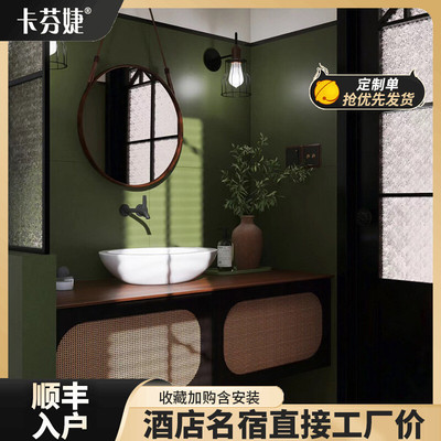 法式美式复古风藤编浴室柜组合陶瓷一体洗漱盆洗手台橡木烤漆