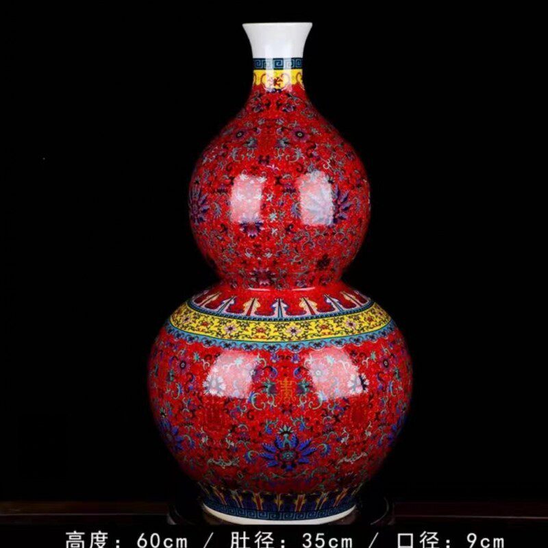陶瓷葫芦花瓶落地大花瓶陶瓷摆件彩福寿葫芦瓶家居珐琅摆设批发