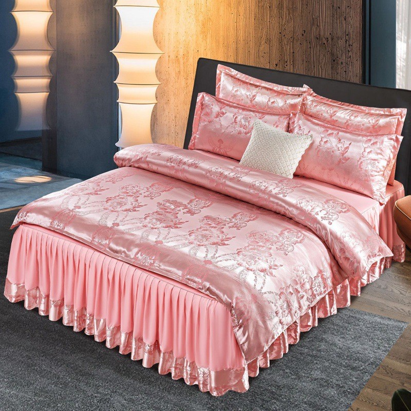 欧式四件套床裙款提花床单被套夏季冰丝单双人婚庆床上用品三件套