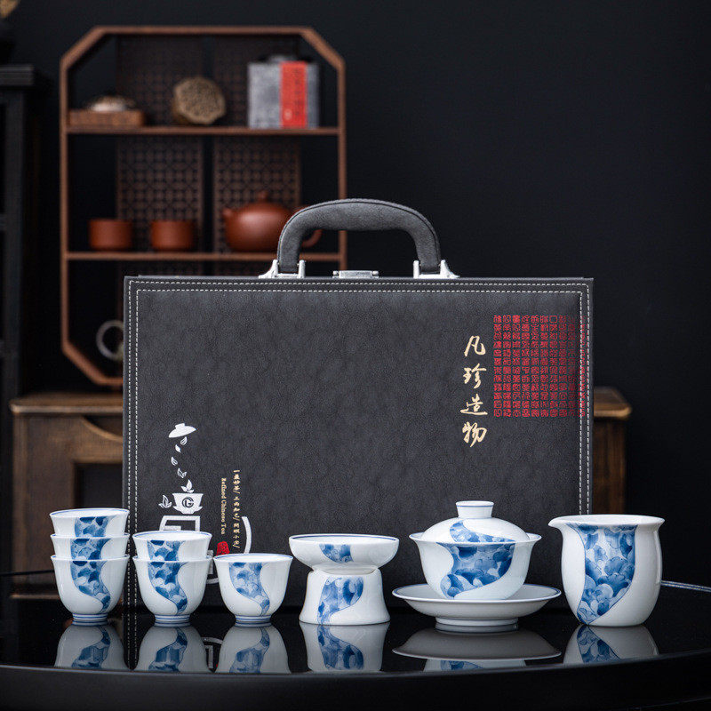 家用陶瓷茶具套装10头手绘羊脂玉瓷高档三才盖碗泡茶功夫茶具礼品
