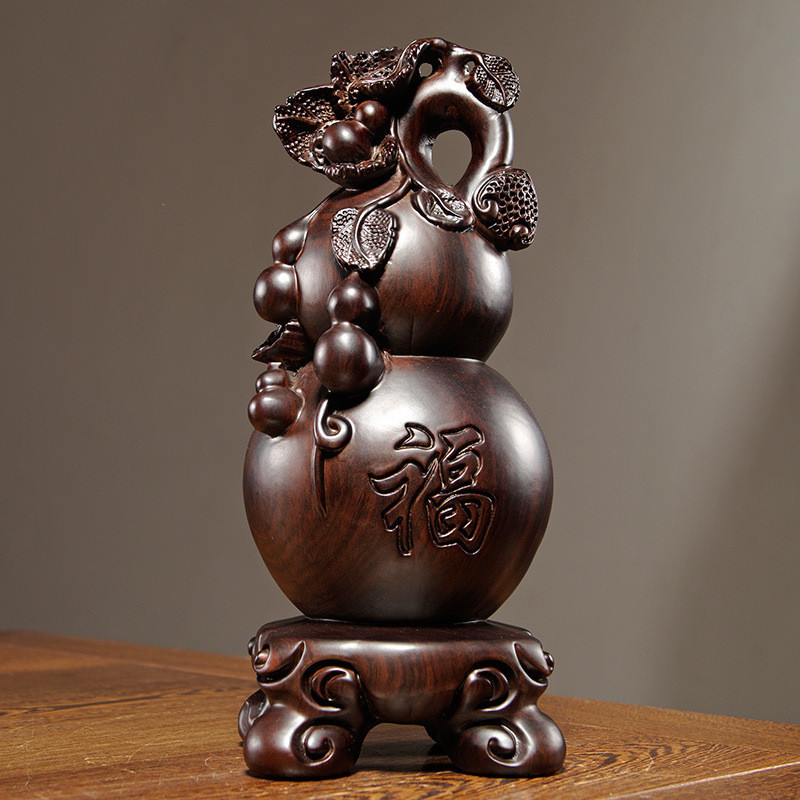 黑檀装饰如意葫芦摆件一对实木家居客厅电视柜木雕工艺品乔迁送礼