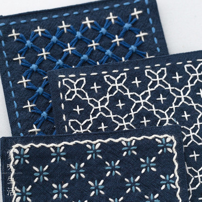 M2O8刺子绣茶席杯垫材料包新手印图布手工DIY材料刺绣蓝染布华庚