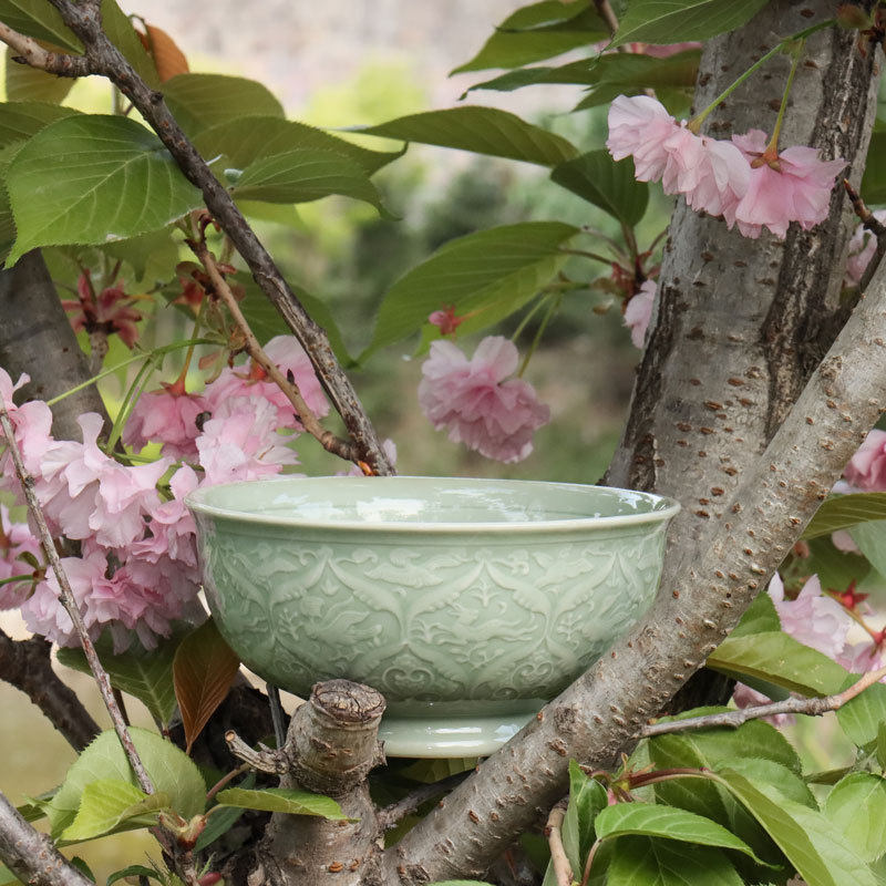 3rlm批发橄榄州窑仿大唐金碗刻花中式复古青瓷耀青瓷精品中号米饭