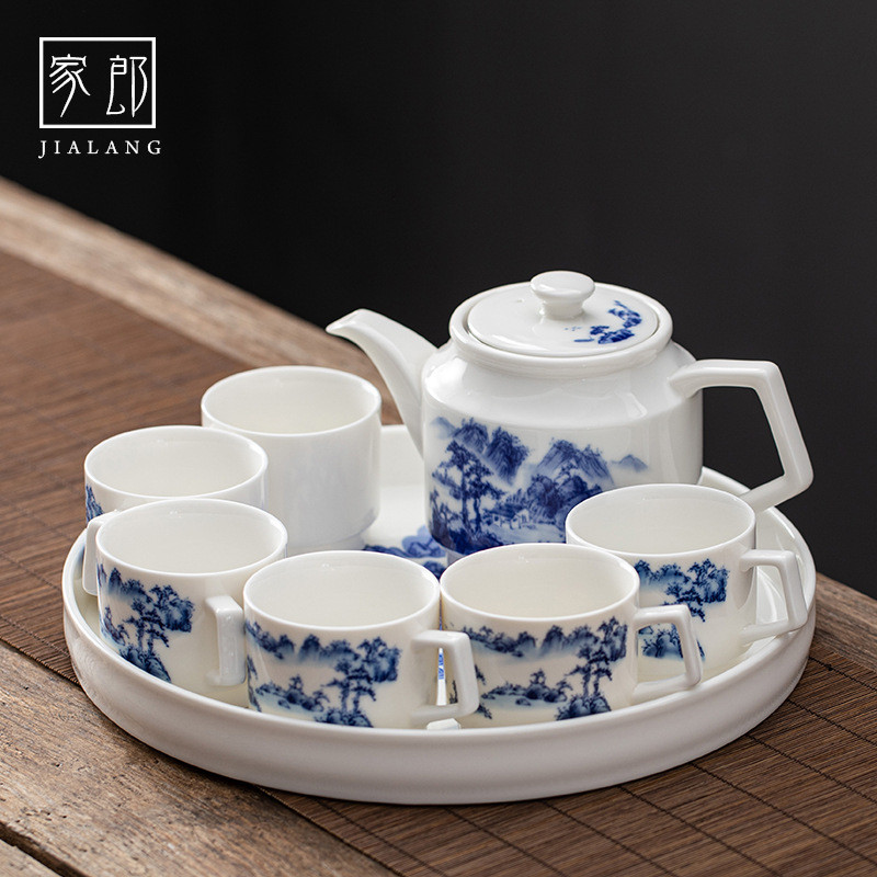 5zw功夫大号茶具套装家用简约带茶盘陶瓷有耳茶杯茶壶办公室会客