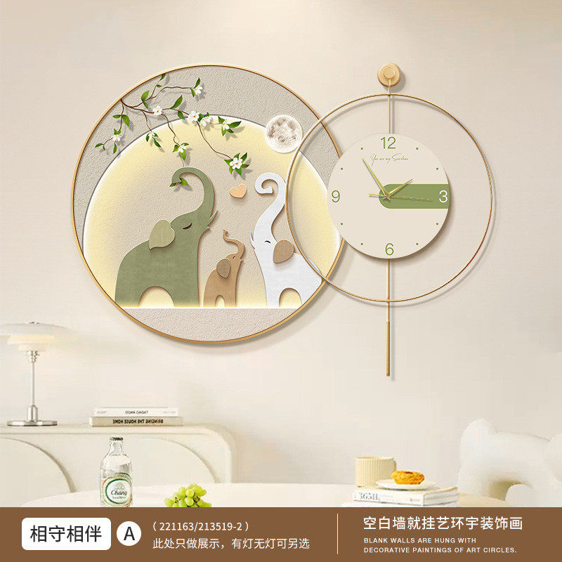 大象餐厅装饰画餐桌钟表现代简约绿植客厅带背景墙挂画时钟壁画,家居饰品,现代装饰画,淘宝优惠券,粉丝福利购,淘宝优惠卷