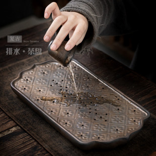 家用茶盘小型储水式 复古茶盘陶瓷干泡茶台中式 茶托茶盘简约茶室用